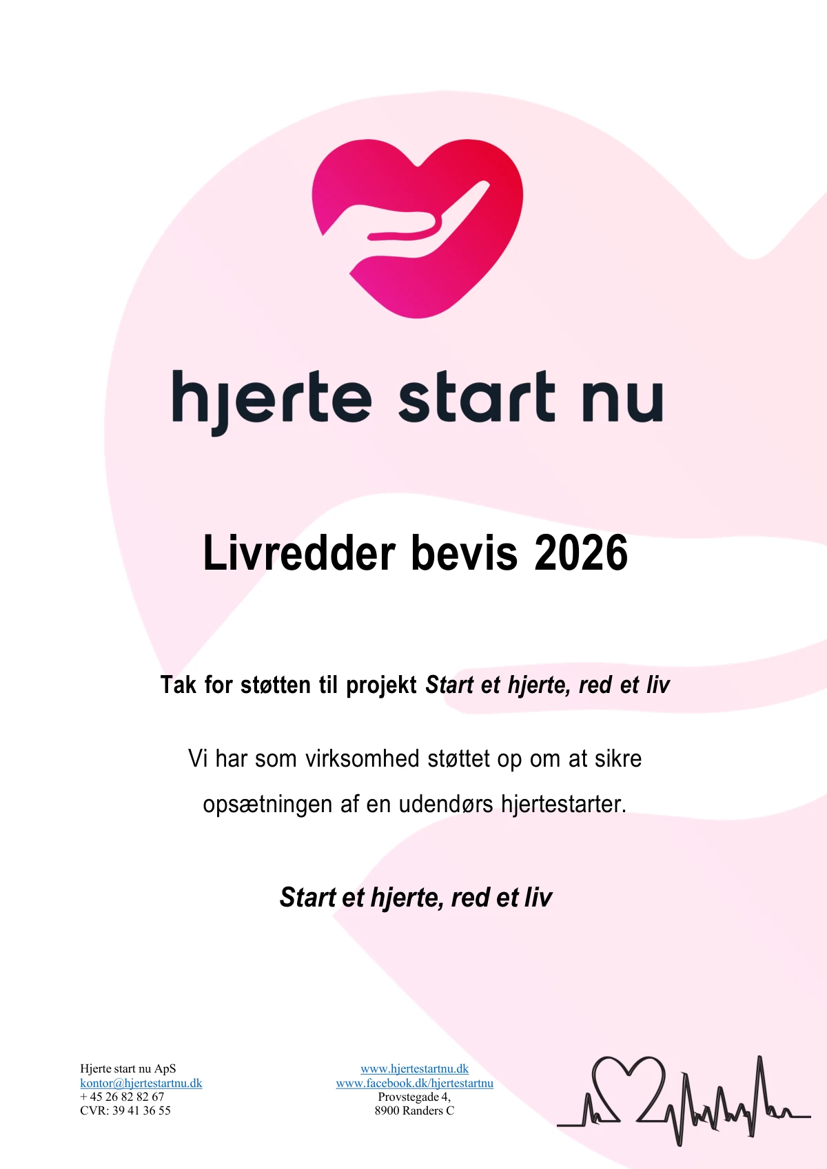 Livredder bevis 2026 fra Hjerte start nu: Tak for støtten til projekt Start et hjerte, red et liv